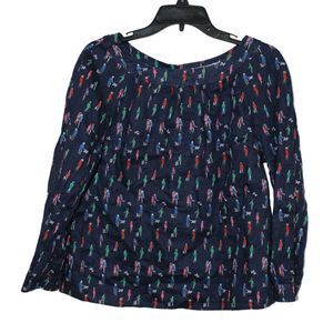Boden Linen Blue Katie Button Back Walking People Print Long Sleeve Women Size 8